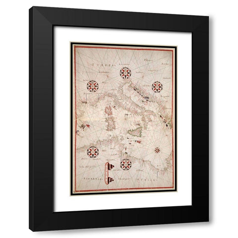 Portolan atlas of the Mediterranean Sea, western Europe, and the northwest coast of Africa - Central Black Modern Wood Framed Art Print with Double Matting by Oliva, Joan