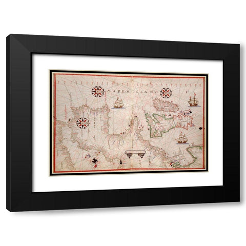 Portolan Map of Spain, England, Ireland and France Black Modern Wood Framed Art Print with Double Matting by Oliva, Joan