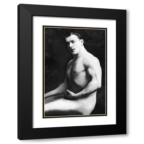 Arm Curl from Seated Pose Black Modern Wood Framed Art Print with Double Matting by Vintage Muscle Men