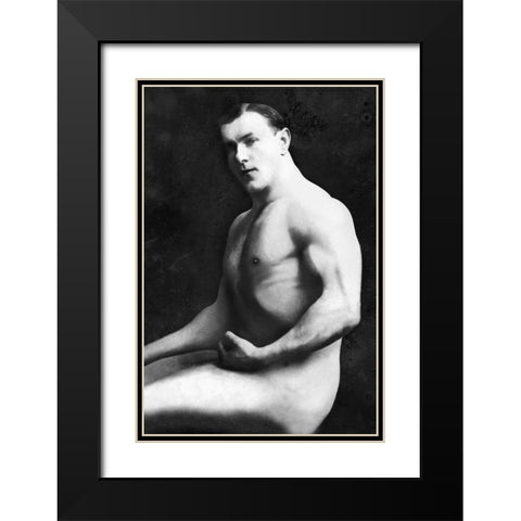 Arm Curl from Seated Pose Black Modern Wood Framed Art Print with Double Matting by Vintage Muscle Men