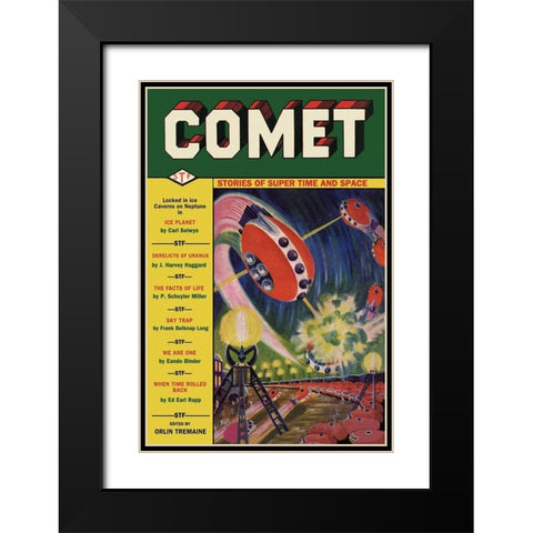 Comet: UFO Dogfight Black Modern Wood Framed Art Print with Double Matting by Retrosci-fi