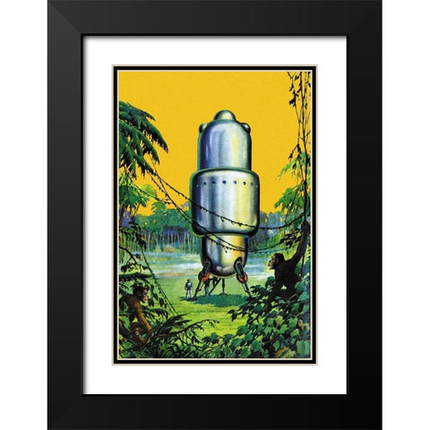 Spaceship in the Jungle Black Modern Wood Framed Art Print with Double Matting by Retrosci-fi