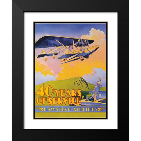 Hawaiian Airlines - 40 Years of Service Black Modern Wood Framed Art Print with Double Matting by White, C.E.