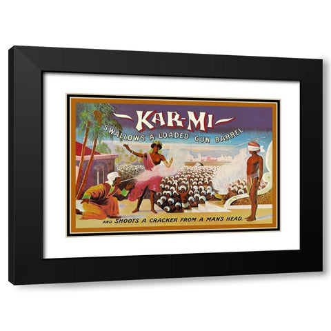 Magicians: Kar-Mi Swallows a Loaded Gun Barrel and Shoots a Cracker from a Mans Head Black Modern Wood Framed Art Print with Double Matting by Hallworth, Joseph B.
