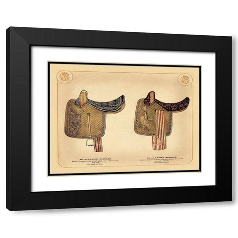 Saddles and Tack: Ladies Saddles #1 Black Modern Wood Framed Art Print with Double Matting by Unknown