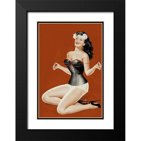 Mid-Century Pin-Ups - Lacing her bra Black Modern Wood Framed Art Print with Double Matting by Driben, Peter