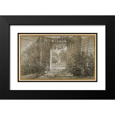 Landscape with a Staircase and a Balustrade, ca. 1744-47 Black Modern Wood Framed Art Print with Double Matting by Oudry, Jean-Baptiste