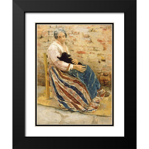 An Old Woman with Cat Black Modern Wood Framed Art Print with Double Matting by Liebermann, Max