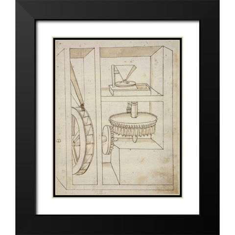 Folio 40: mill with overshot water wheel Black Modern Wood Framed Art Print with Double Matting by Martini, Francesco di Giorgio
