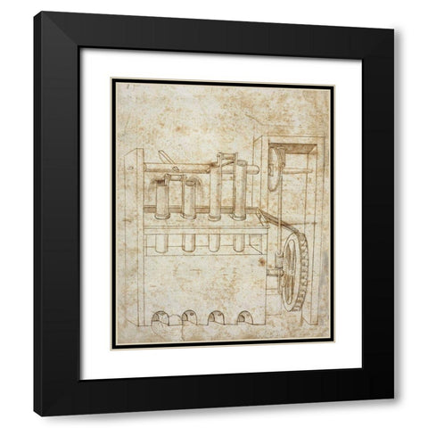 Folio 10: piston pumps and water wheel Black Modern Wood Framed Art Print with Double Matting by Martini, Francesco di Giorgio