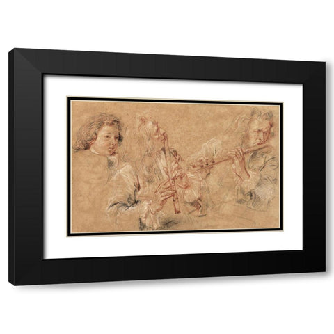 Two Studies of a Flutist and a Study of the Head of a Boy Black Modern Wood Framed Art Print with Double Matting by Watteau, Jean-Antoine