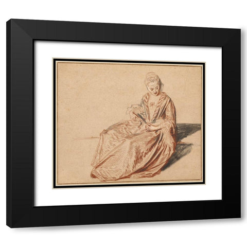 Seated Woman with a Fan Black Modern Wood Framed Art Print with Double Matting by Watteau, Jean-Antoine
