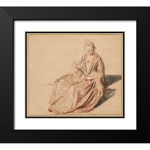 Seated Woman with a Fan Black Modern Wood Framed Art Print with Double Matting by Watteau, Jean-Antoine
