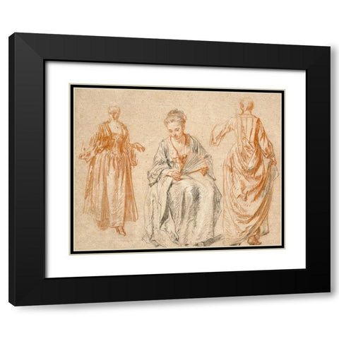 Studies of Three Women Black Modern Wood Framed Art Print with Double Matting by Watteau, Jean-Antoine