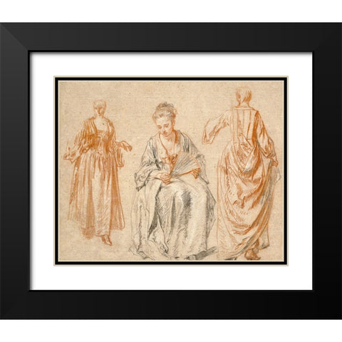 Studies of Three Women Black Modern Wood Framed Art Print with Double Matting by Watteau, Jean-Antoine