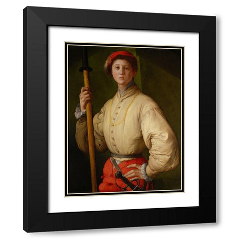 Portrait of a Halberdier (Francesco Guardi?) Black Modern Wood Framed Art Print with Double Matting by Pontormo (Jacopo Carucci)
