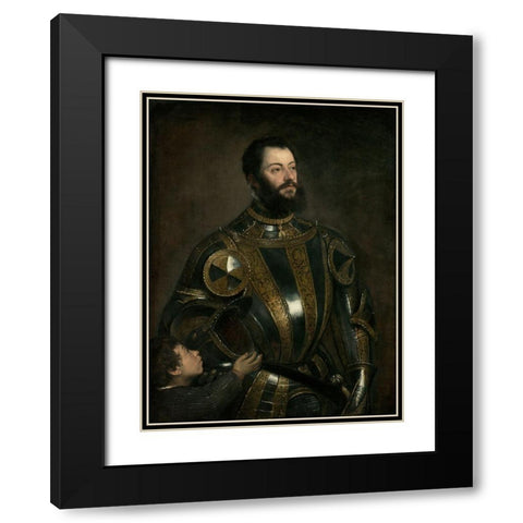 Portrait of Alfonso dAvalos, Marchese del Vasto, in Armor with a Page Black Modern Wood Framed Art Print with Double Matting by Titian (Tiziano Vecellio)
