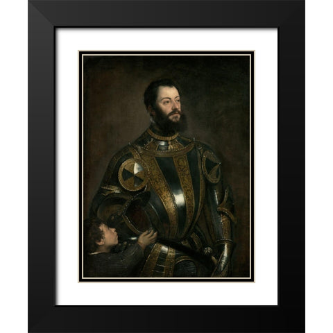 Portrait of Alfonso dAvalos, Marchese del Vasto, in Armor with a Page Black Modern Wood Framed Art Print with Double Matting by Titian (Tiziano Vecellio)