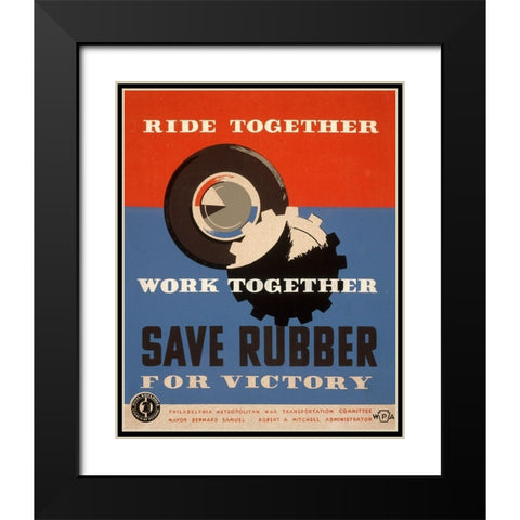 Ride together - work together - save rubber for victory Black Modern Wood Framed Art Print with Double Matting by Ballinger, Harry-Russell