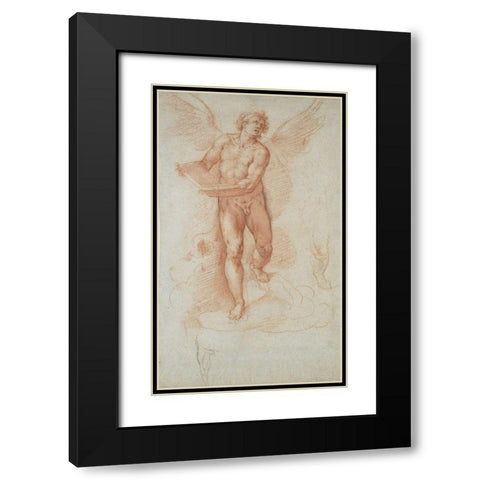 An Angel Holding a Book (recto); Three Studies of a Falling Male Figure (verso) Black Modern Wood Framed Art Print with Double Matting by Roncalli, Cristoforo