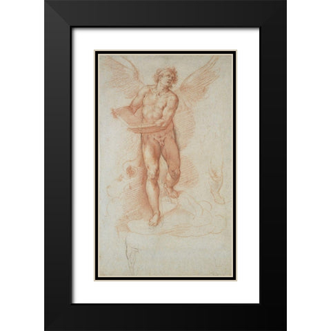 An Angel Holding a Book (recto); Three Studies of a Falling Male Figure (verso) Black Modern Wood Framed Art Print with Double Matting by Roncalli, Cristoforo