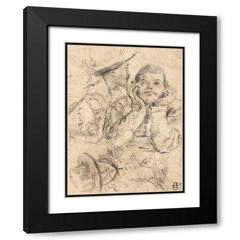 Four Studies of Heads Drawn over a Copy of Saint John the Evangelist by Correggio (recto); Three Stu Black Modern Wood Framed Art Print with Double Matting by Carracci, Annibale or Lodovico
