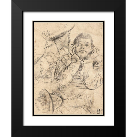 Four Studies of Heads Drawn over a Copy of Saint John the Evangelist by Correggio (recto); Three Stu Black Modern Wood Framed Art Print with Double Matting by Carracci, Annibale or Lodovico