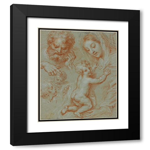 Studies of the Madonna and Child and of Heads (recto); Madonna and Child with Saint John Seated in a Black Modern Wood Framed Art Print with Double Matting by Corneille, Michel