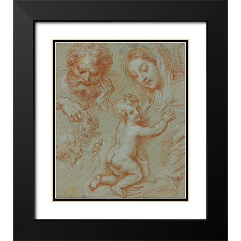 Studies of the Madonna and Child and of Heads (recto); Madonna and Child with Saint John Seated in a Black Modern Wood Framed Art Print with Double Matting by Corneille, Michel