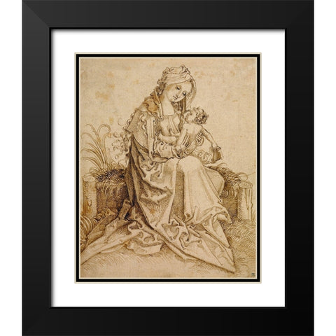 The Virgin and Child on a Grassy Bench Black Modern Wood Framed Art Print with Double Matting by Unknown