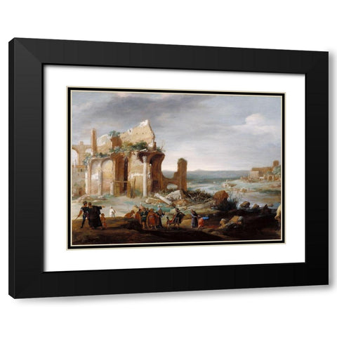 Moses and Aaron Changing the Rivers of Egypt to Blood Black Modern Wood Framed Art Print with Double Matting by Breenbergh, Bartholomeus