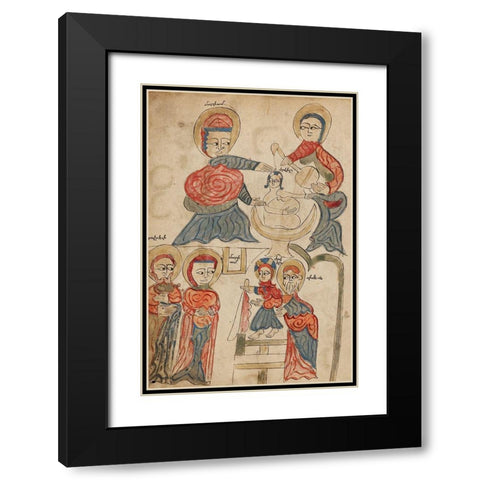 Bathing the Christ Child and The Presentation in the Temple Black Modern Wood Framed Art Print with Double Matting by Unknown 14th Century Illuminator