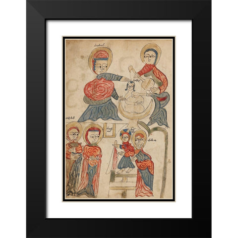 Bathing the Christ Child and The Presentation in the Temple Black Modern Wood Framed Art Print with Double Matting by Unknown 14th Century Illuminator
