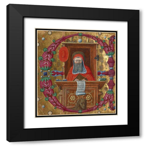 Initial E:  Saint Jerome in His Study Black Modern Wood Framed Art Print with Double Matting by Unknown 15th Century Italian Illuminator