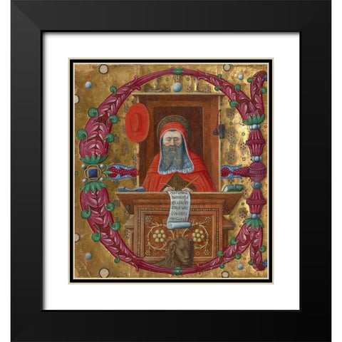 Initial E:  Saint Jerome in His Study Black Modern Wood Framed Art Print with Double Matting by Unknown 15th Century Italian Illuminator