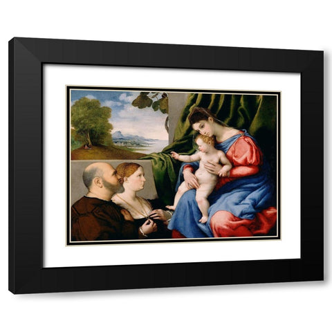Madonna and Child with Two Donors Black Modern Wood Framed Art Print with Double Matting by Lotto, Lorenzo