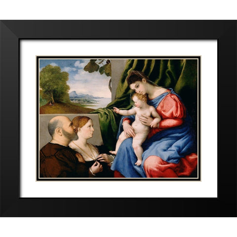 Madonna and Child with Two Donors Black Modern Wood Framed Art Print with Double Matting by Lotto, Lorenzo