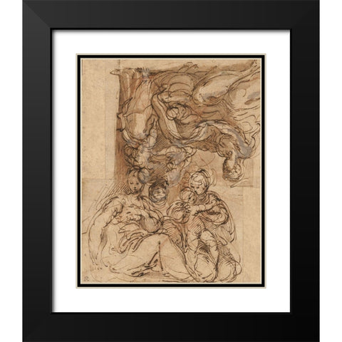 Two Studies for a Holy Family Black Modern Wood Framed Art Print with Double Matting by Parmigianino