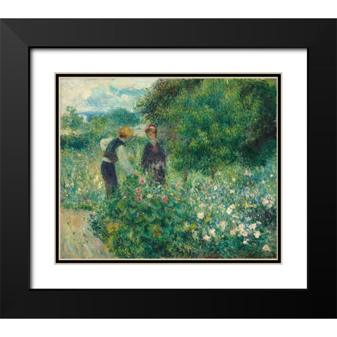 Picking Flowers Black Modern Wood Framed Art Print with Double Matting by Renoir, Pierre-Auguste
