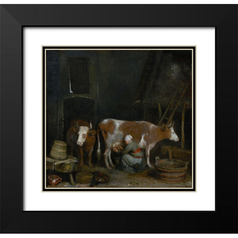 A Maid Milking a Cow in a Barn Black Modern Wood Framed Art Print with Double Matting by ter Borch, Gerard
