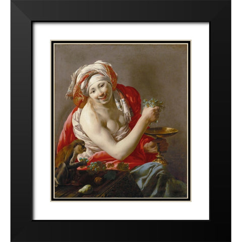 Bacchante with an Ape Black Modern Wood Framed Art Print with Double Matting by ter Brugghen, Hendrick