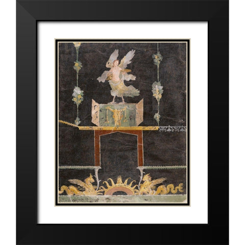 Wall fragment with Siren, Sea Monsters and Niche on Black Ground Black Modern Wood Framed Art Print with Double Matting by Unknown 1st Century Roman Artisan