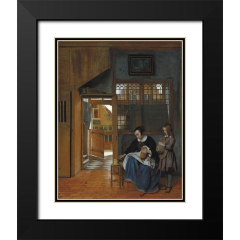 A Woman Preparing Bread and Butter for a Boy Black Modern Wood Framed Art Print with Double Matting by de Hooch, Pieter