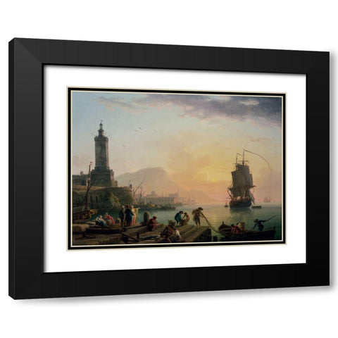 A Calm at a Mediterranean Port Black Modern Wood Framed Art Print with Double Matting by Vernet, Claude-Joseph