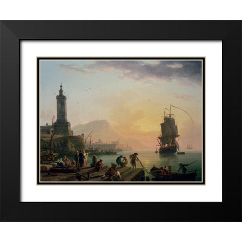 A Calm at a Mediterranean Port Black Modern Wood Framed Art Print with Double Matting by Vernet, Claude-Joseph