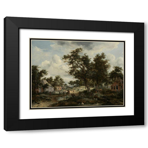 A Wooded Landscape with Travelers on a Path through a Hamlet Black Modern Wood Framed Art Print with Double Matting by Hobbema, Meindert