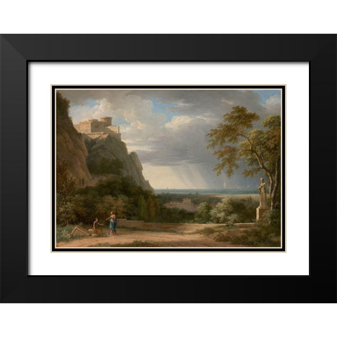 Classical Landscape with Figures and Sculpture Black Modern Wood Framed Art Print with Double Matting by de Valenciennes, Pierre-Henri