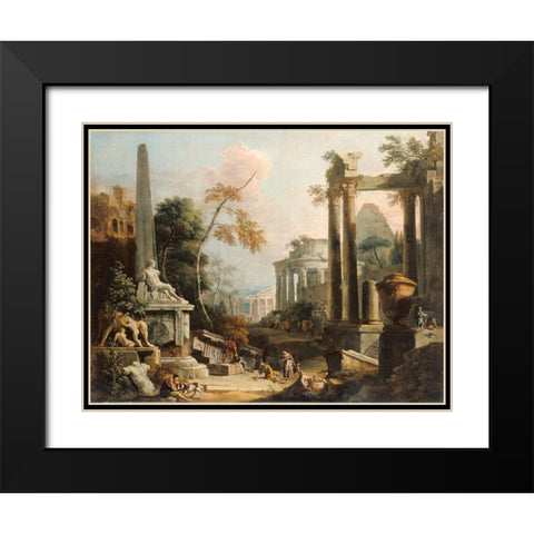 Landscape with Classical Ruins and Figures Black Modern Wood Framed Art Print with Double Matting by Ricci, Marco