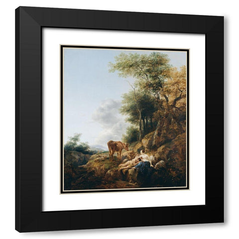 Landscape with a Nymph and a Satyr Black Modern Wood Framed Art Print with Double Matting by Berchem, Nicolaes