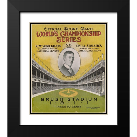 Offical Score Card  Worlds Championship Series -  New York Giants vs Philadelphia Athletics, 1880 Black Modern Wood Framed Art Print with Double Matting by Stevens
